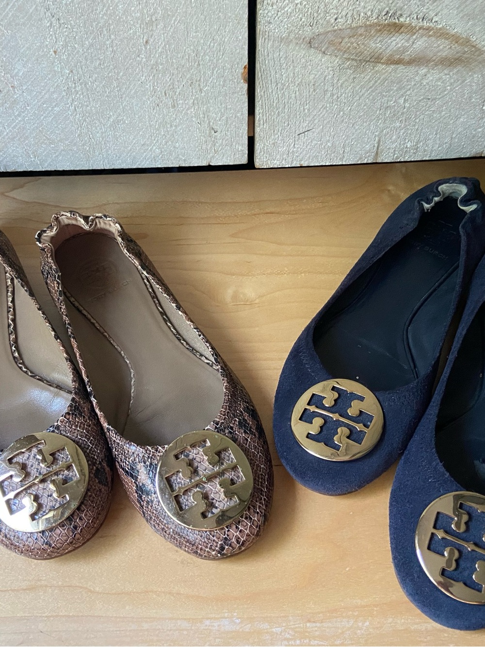 2 Tory Burch Snake-Print Reva Ballet Flats in Brown and with Gold Logo